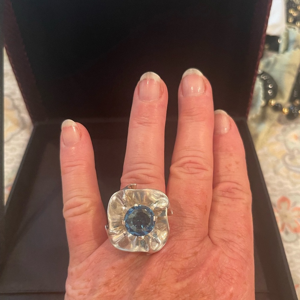Unique Chunky Blue Topaz & 925 Silver Artisan Floral Ring
